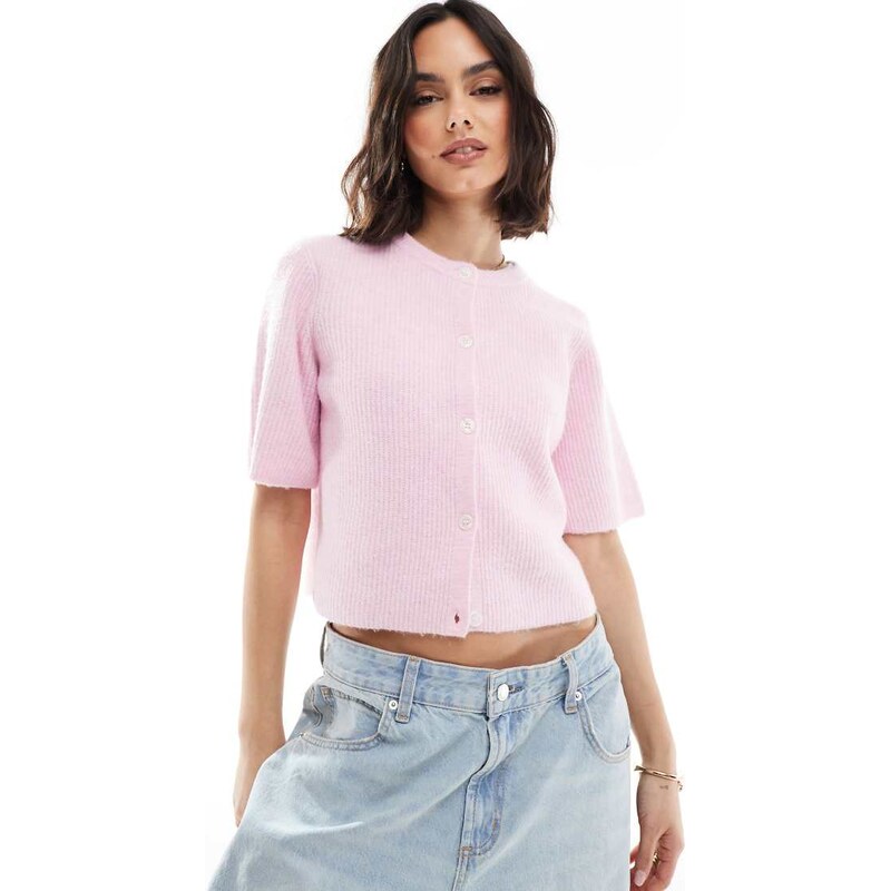 Pieces soft knit short sleeve cardigan in rose pink