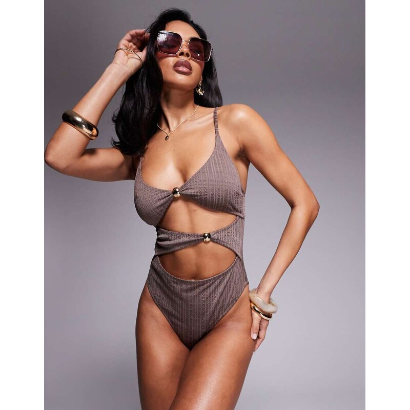 ASOS DESIGN Tayla cut out swimsuit with gold bead trim in brown