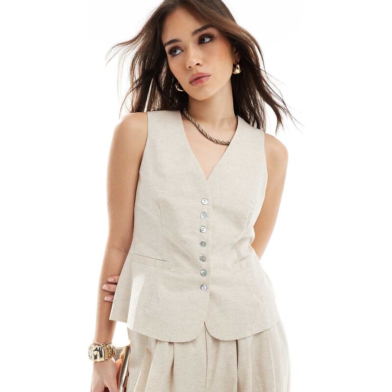 4th & Reckless linen look tie back waistcoat co-ord in beige-Neutral 104720141
