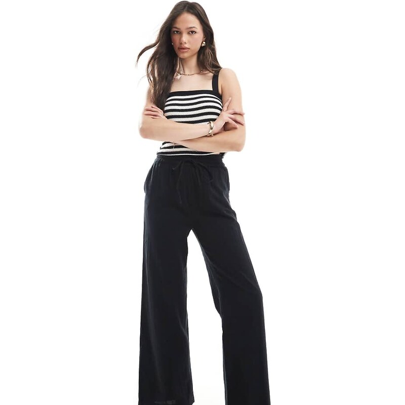ONLY Tall wide leg linen look trousers in black 115510160