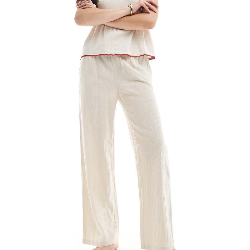 ONLY Tall wide leg linen look trousers in beige-Neutral