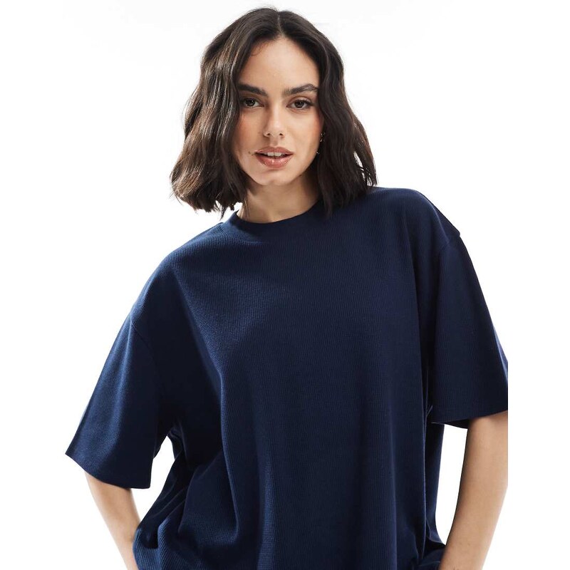 ASOS DESIGN oversized heavy weight t-shirt with side splits in waffle in navy