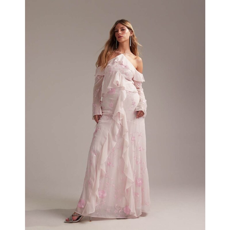 ASOS DESIGN Bridesmaids ruffle cold shoulder maxi dress in soft pink 104720003