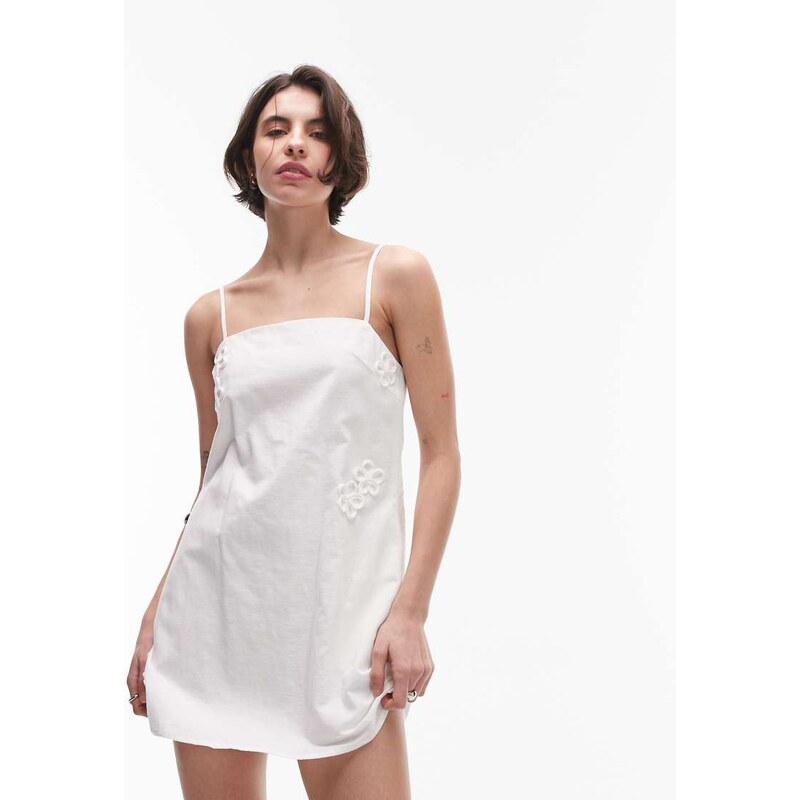 SNDYS linen blend flower applique cami strap square neck mini dress in 104724849