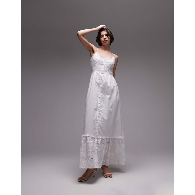 SNDYS broderie ruffle edge cami button down maxi dress in white 104724852