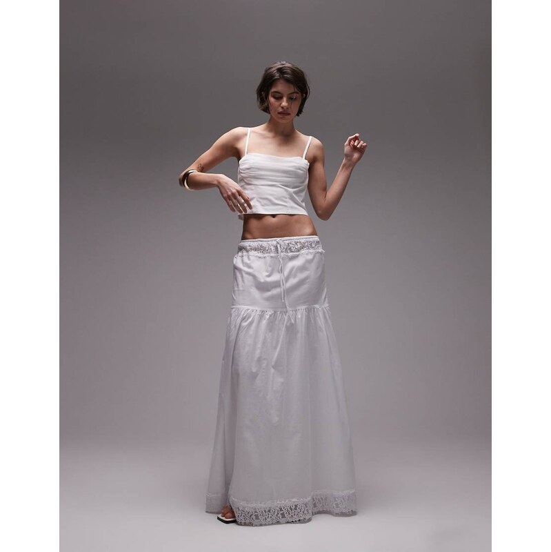 SNDYS poplin lace insert tiered maxi skirt in white 105128249