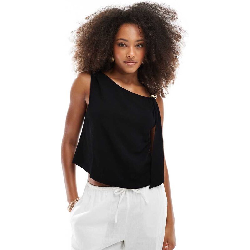ASOS DESIGN linen blend trim detail top in black 104724882