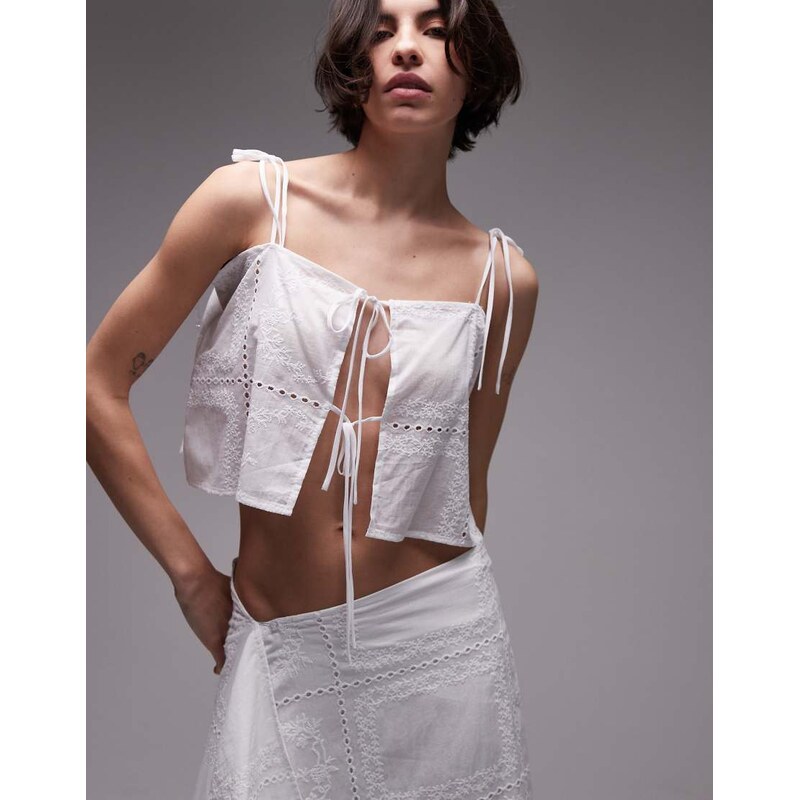 SNDYS cotton embroidered square neck cami tie front floaty top co-ord 104804726