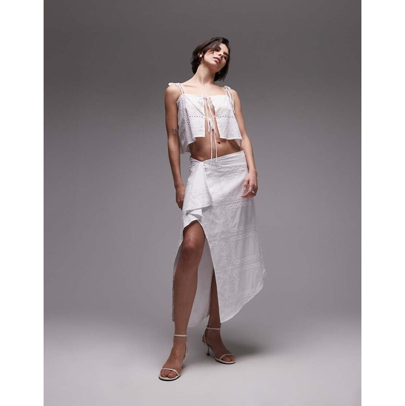 SNDYS cotton embroidered drape detail midaxi skirt co-ord in white 104804727
