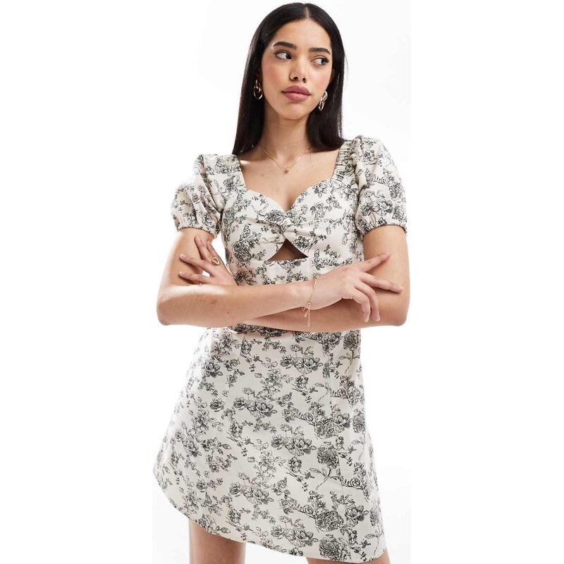 Brave Soul milkmaid puff sleeve mini dress with linen in white floral 105102040
