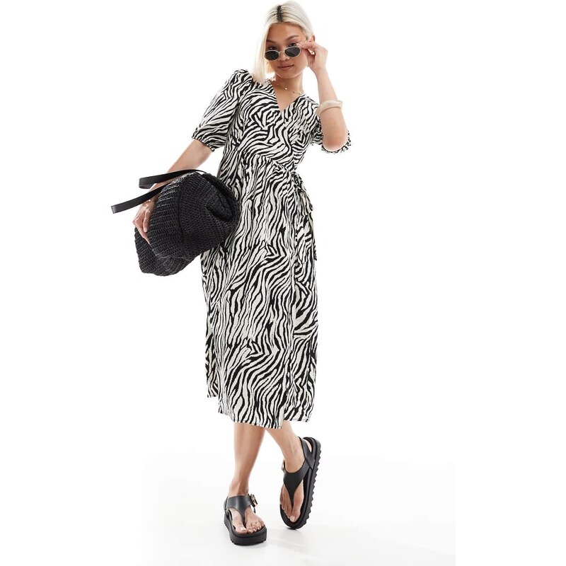 Brave Soul midi wrap dress with puff sleeves in zebra print-Black 105105651