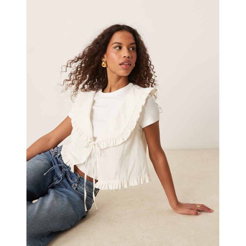 ASOS DESIGN linen look frill collar waistcoat in ivory-White 104804487