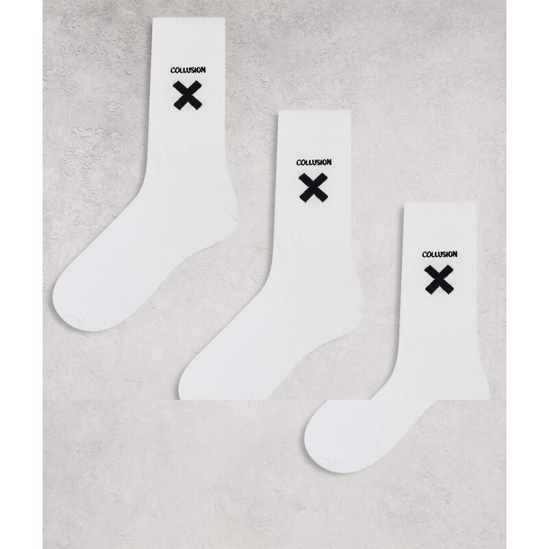 COLLUSION Unisex X logo sock 3 pack in white