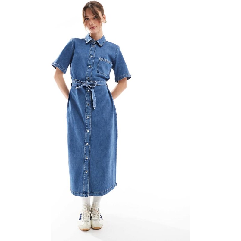 ONLY tie waist denim midi dress in mid wash blue 115707483