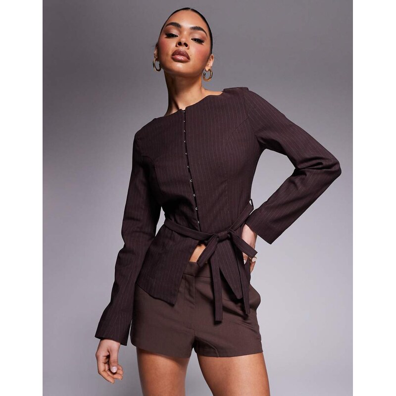 River Island Boat neck belted top in brown 104816563
