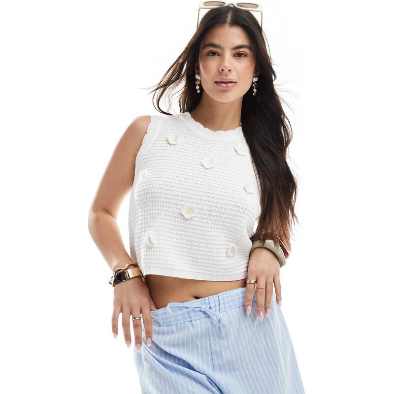 Brave Soul crew neck tank top with crochet daisy design in white 105101844