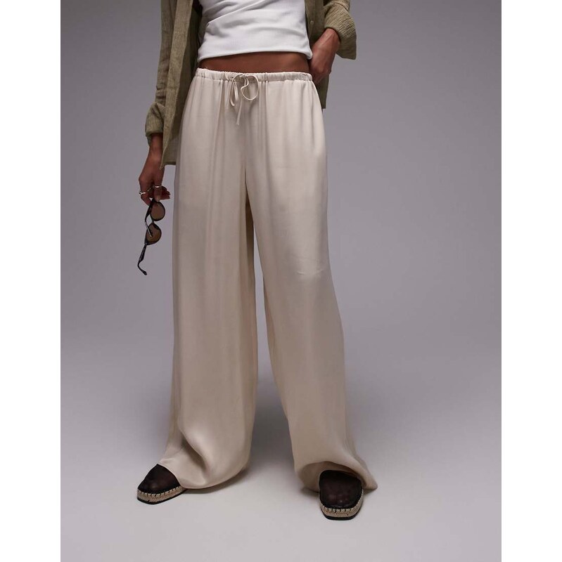 Topshop satin tie waist wide leg trouser in ecru-White