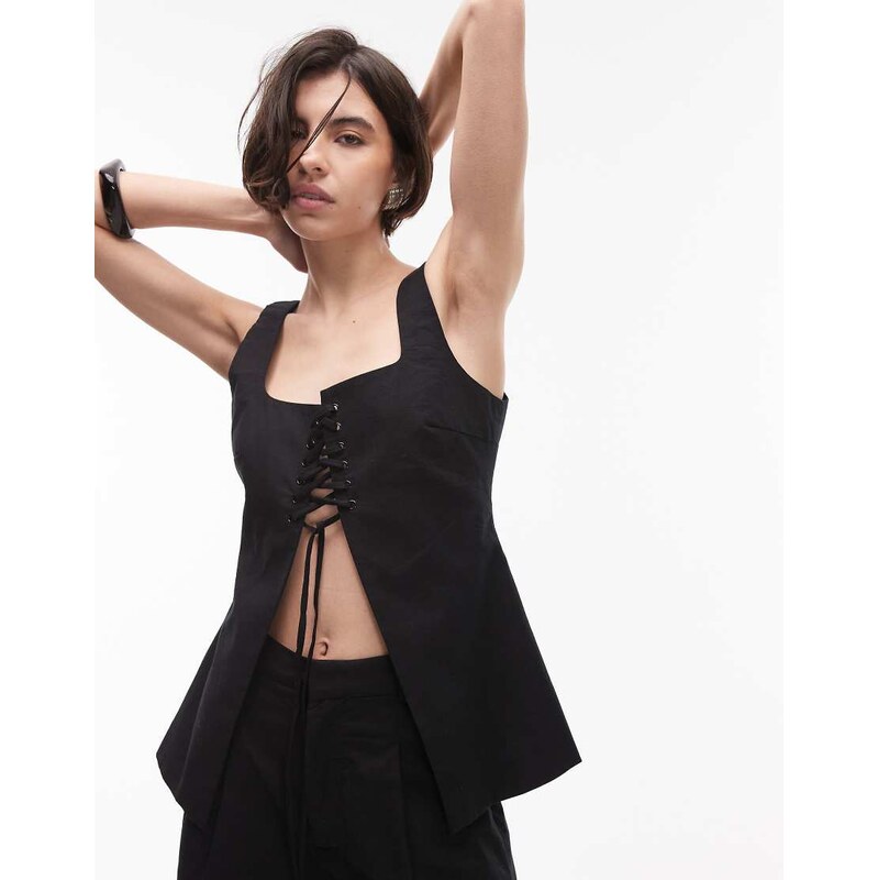 SNDYS linen blend square neck lace up split front top co-ord in black 104804730