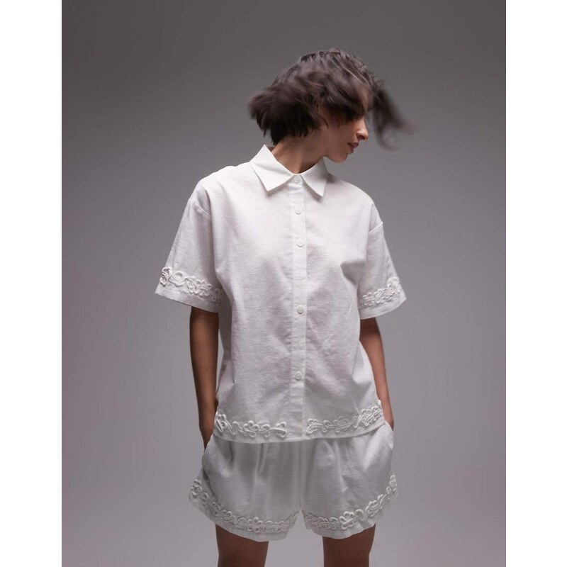 SNDYS linen blend short sleeve flower applique detail shirt co-ord in 112912186