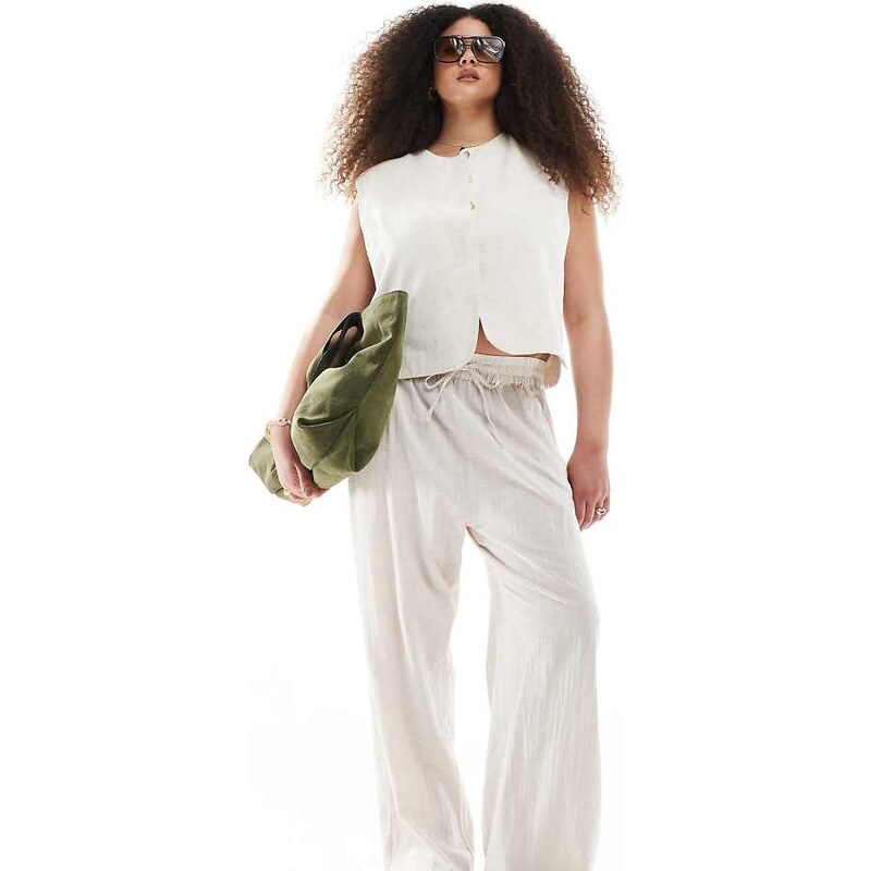 ONLY Curve linen look pull on trousers co-ord in beige-Neutral