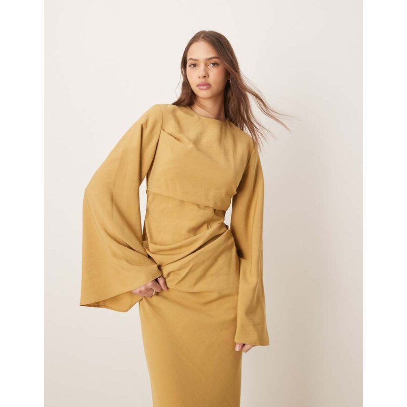 ASOS DESIGN long sleeve waisted maxi dress in soft gold 110922735