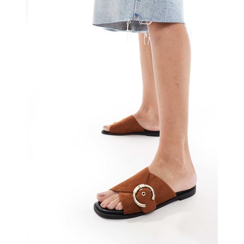 London Rebel cross buckle flat sandal in brown micro-Neutral 109608203