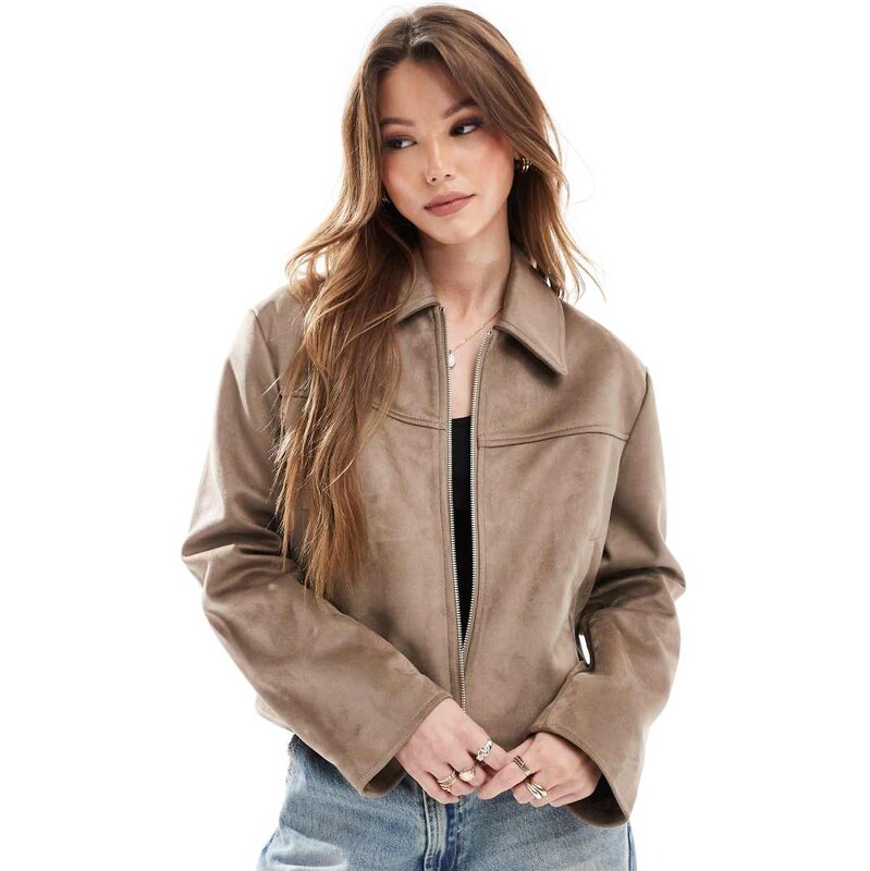 ASOS DESIGN faux suede top collar jacket in stone-Neutral 104804825