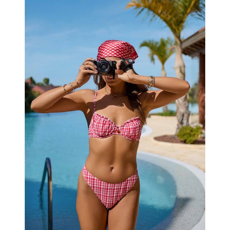 South Beach x Misha Grimes gingham high leg bikini bottom in red 104804840