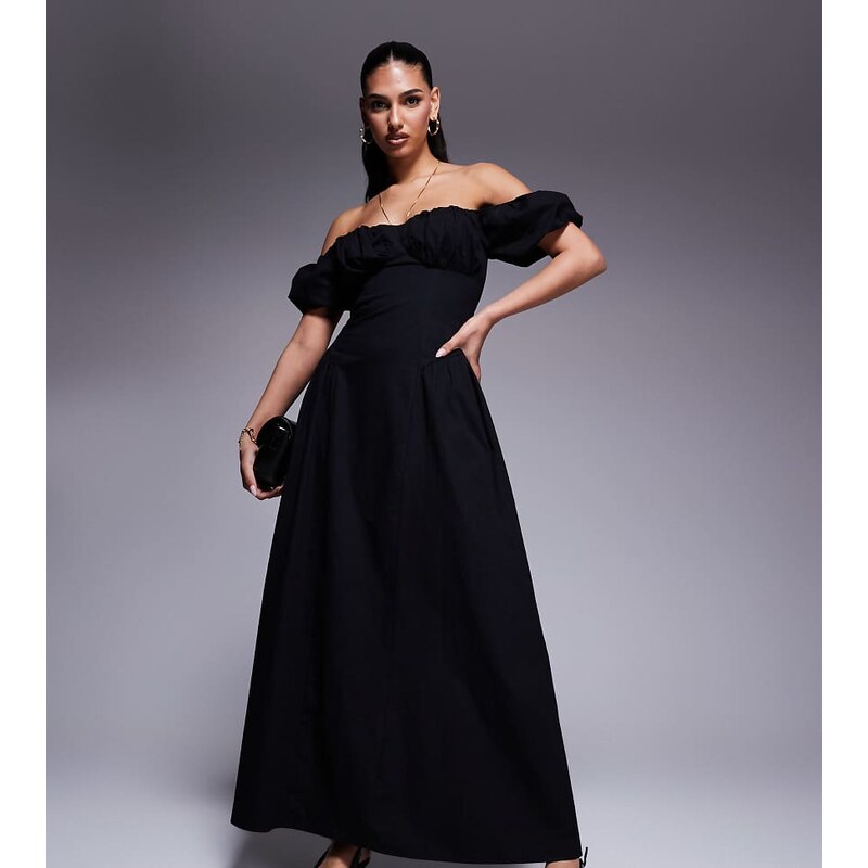 Kaiia exclusive cotton milkmaid puff sleeve hip pleat detail maxi 105153709