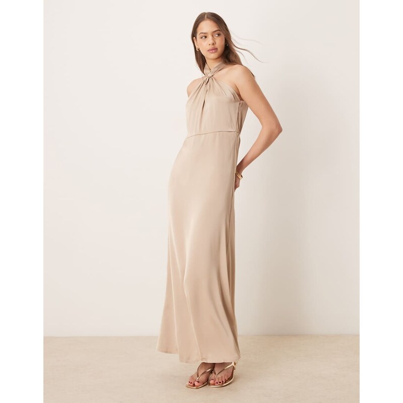 Vila satin twist halterneck midi dress in beige-Neutral 104804880