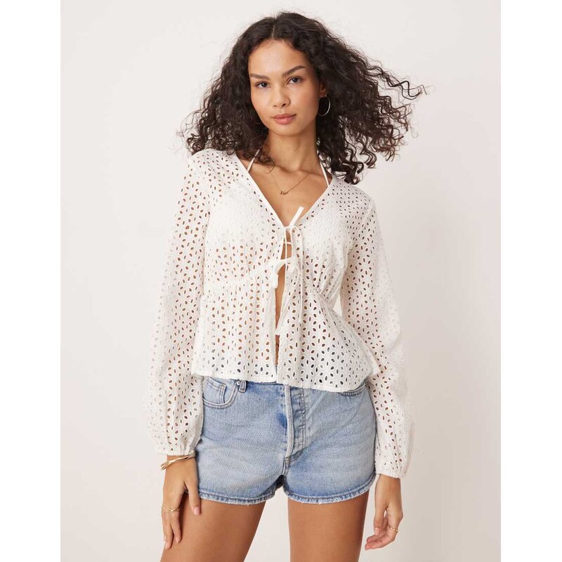 JDY tie front broderie detail top in white 104804889