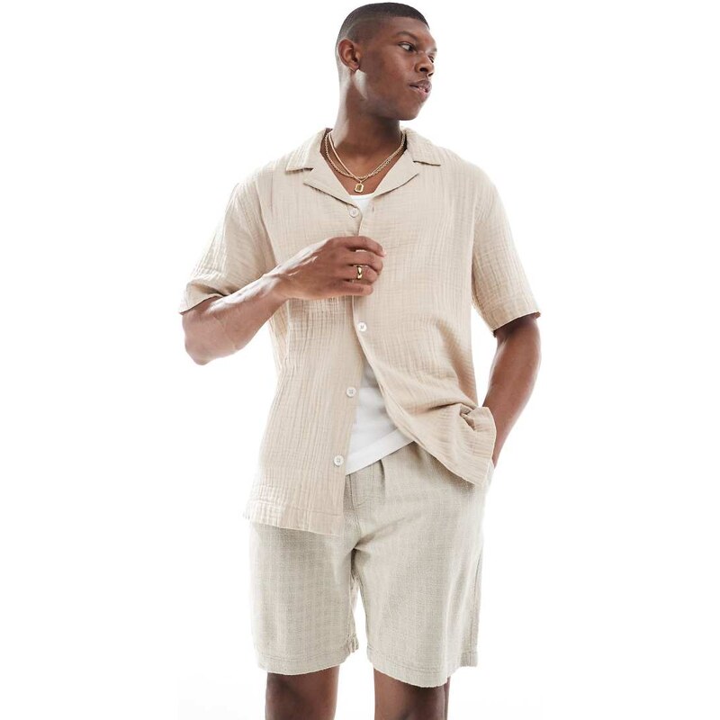 ONLY & SONS textured linen mix short in stone-Neutral