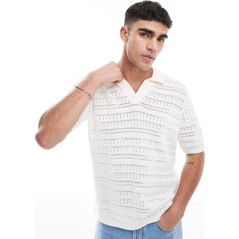 ONLY & SONS drop shoulder open knit split neck polo in white