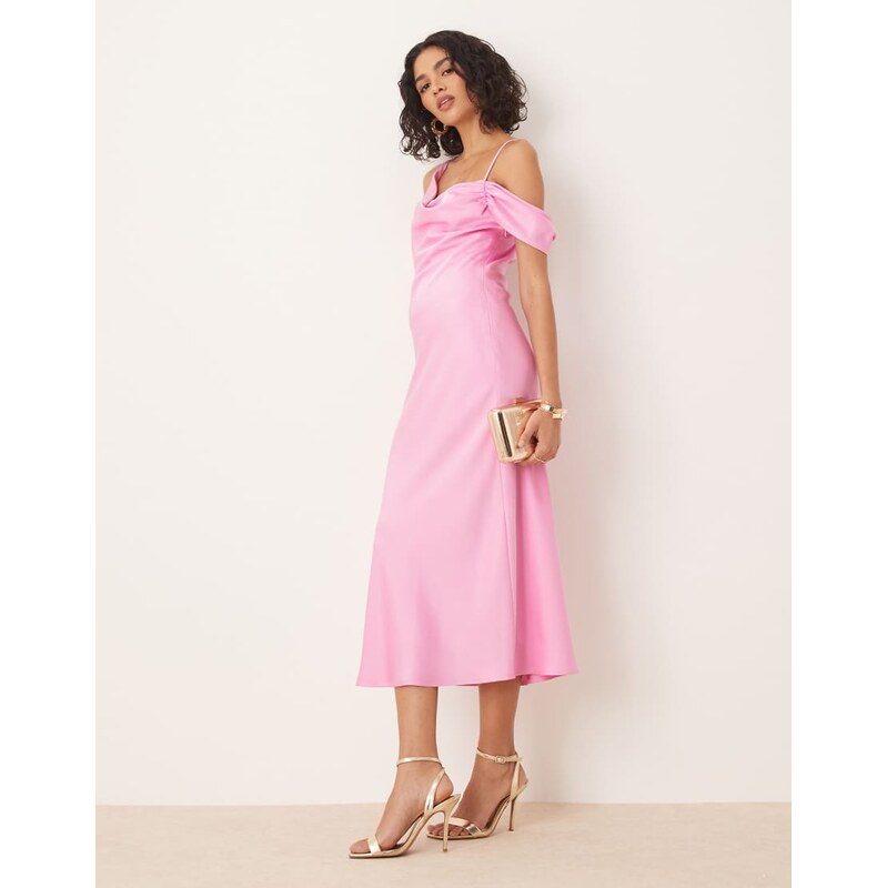 Pretty Lavish off shoulder satin midaxi slip dress in pink 115595009