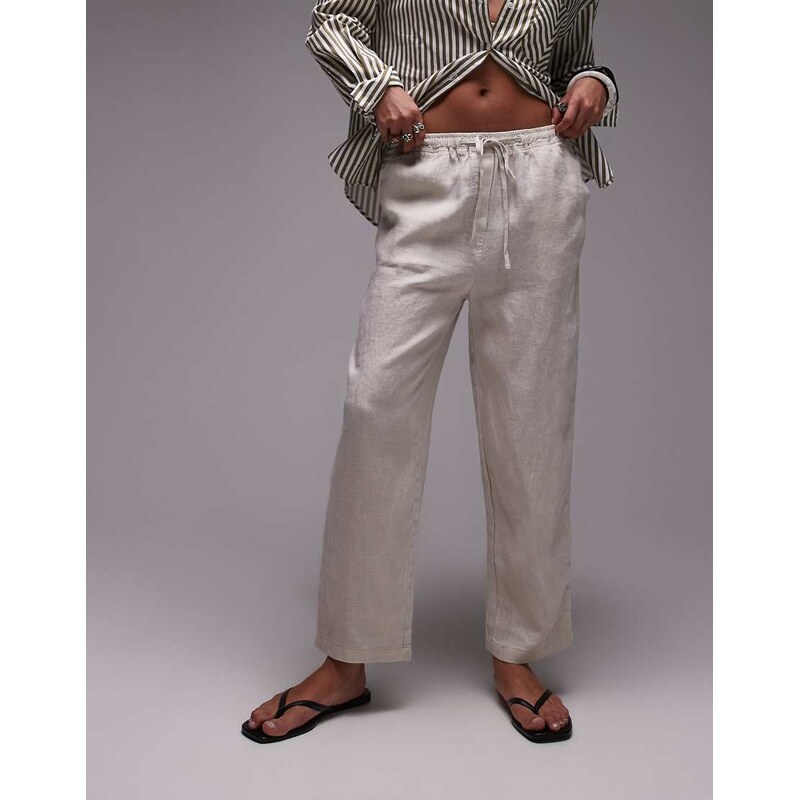Mango tie waist linen trousers in light beige-Neutral 104805539
