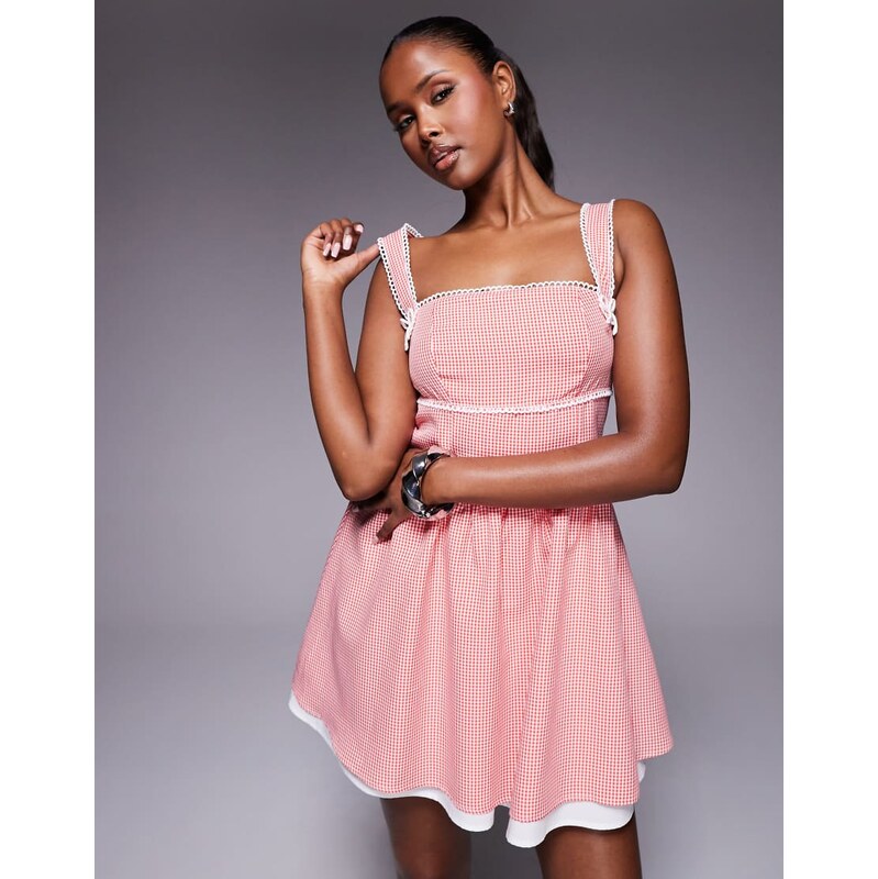 Kaiia exclusive bow lace trim detail square neck mini skater dress in 106828274
