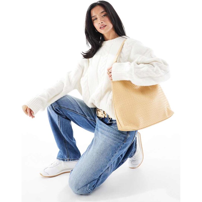 Glamorous large woven shoulder bag in butter yellow 104805069