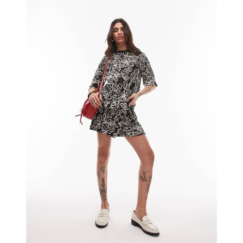 Topshop boxy floral applique shorts co-ord in mono print-Black 104805145