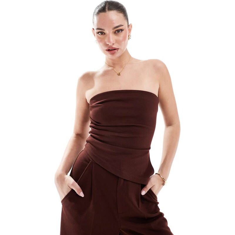 ASOS DESIGN co-ord strapless ruched side bandeau top in chocolate-Brown