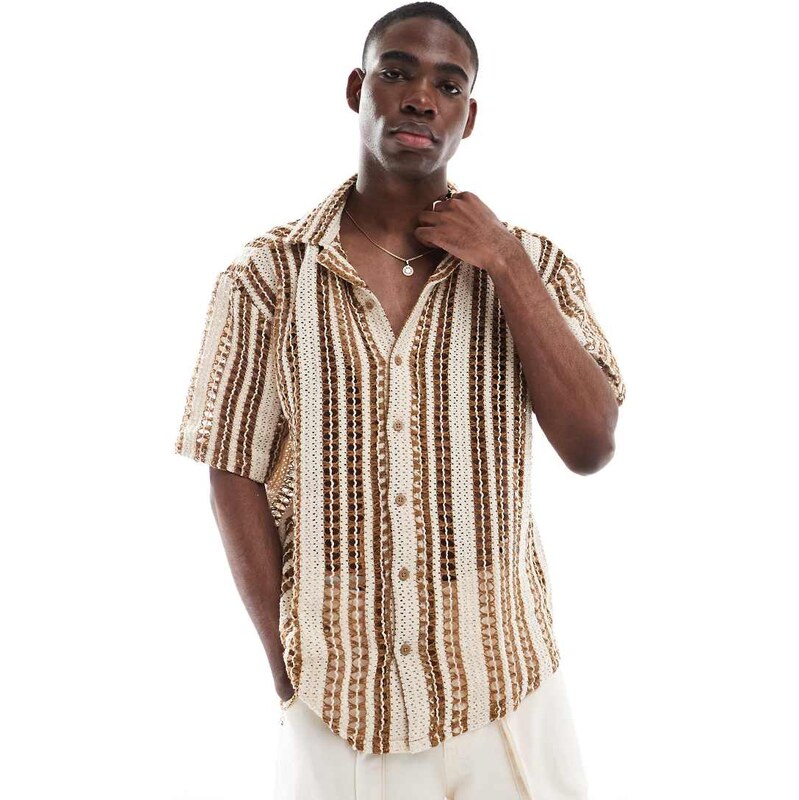 ONLY & SONS crochet shirt in beige with brown stripe-White