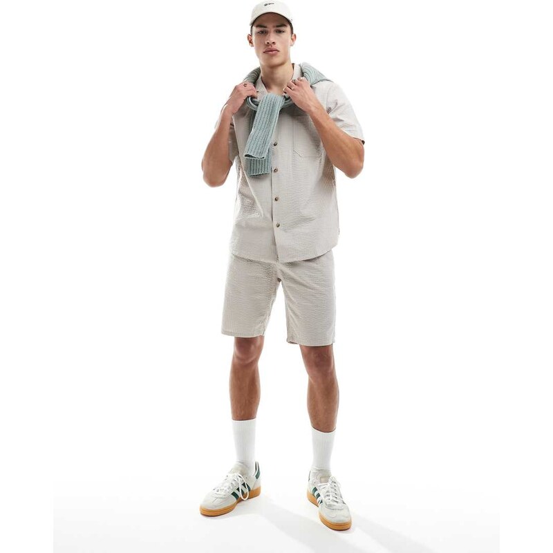 ONLY & SONS seersucker shirt co-ord in beige-Neutral