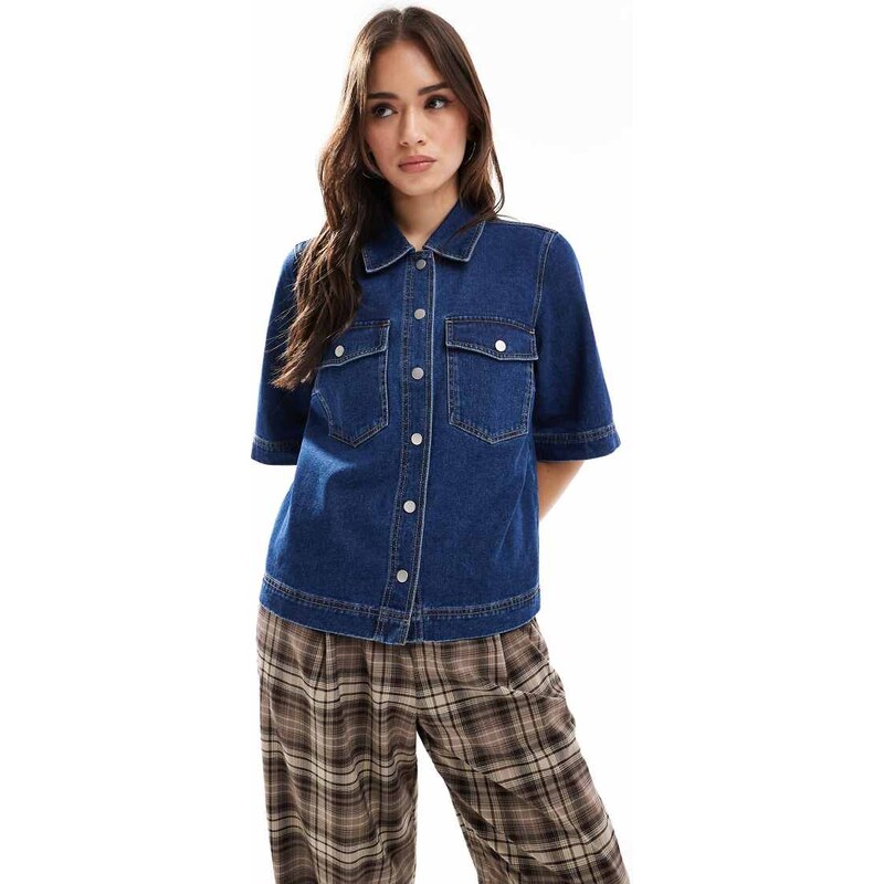 ONLY short sleeve boxy denim shirt in indigo wash-Blue 104805381
