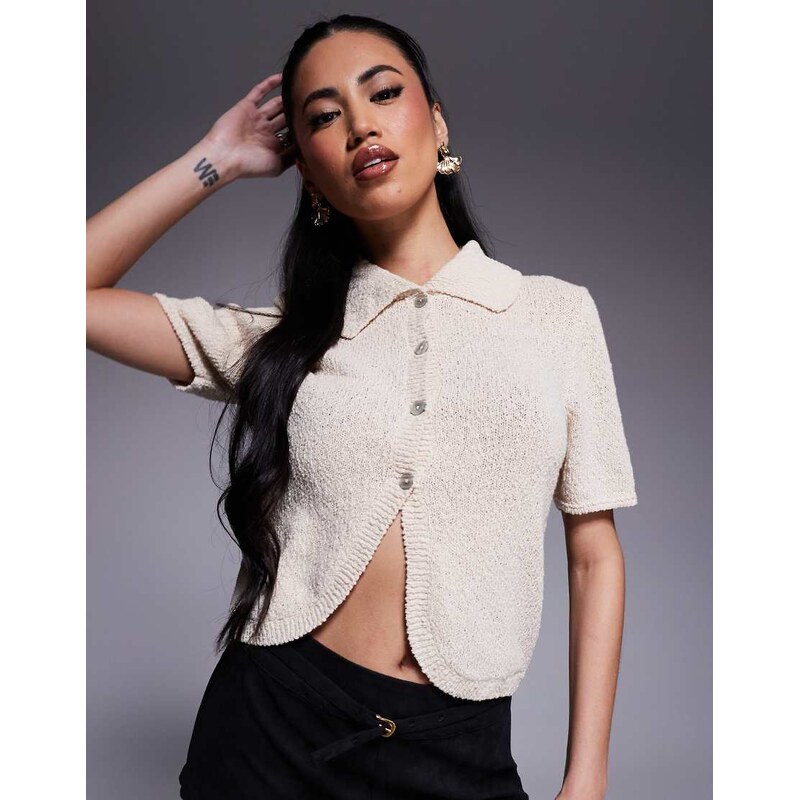 ASOS DESIGN short sleeve boucle cardigan with curved hem in ecru-White 104805816