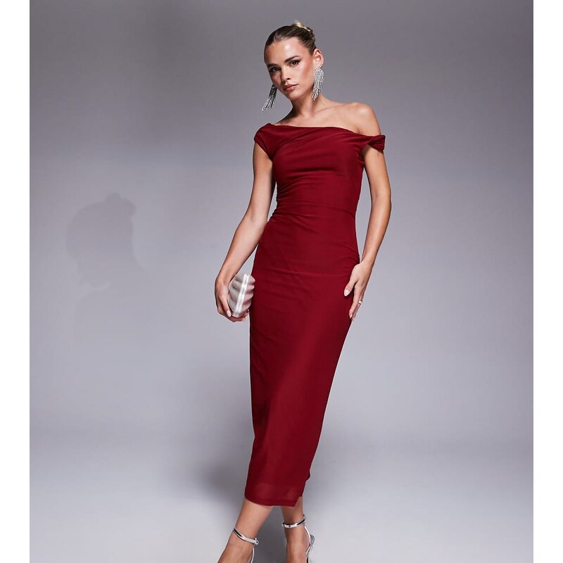 Forever New Petite one shoulder midi dress in wine-Red