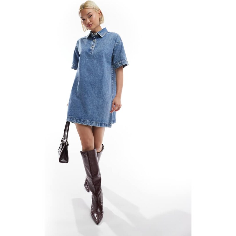 Pieces short sleeve button placket mini dress in medium blue denim 104816534