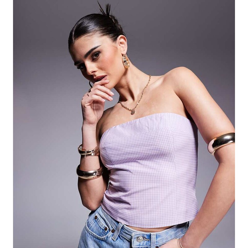 Kaiia exclusive cotton rich bandeau crop top in lilac and pink gingham 104816425