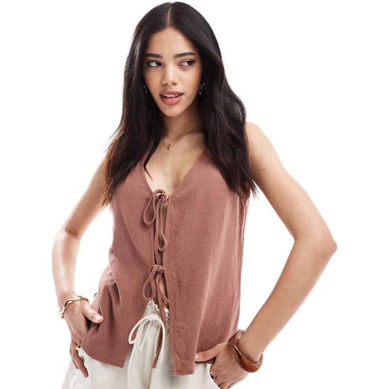 ASOS DESIGN tie front top in linen blend in brown 104816433