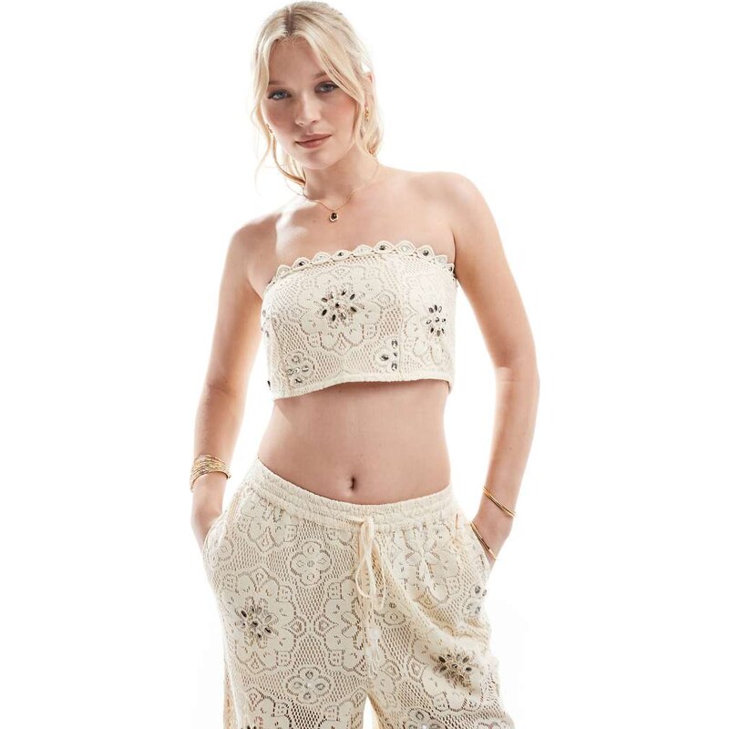 River Island crochet bandeau top co-ord in light brown