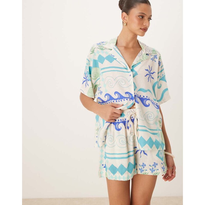 Nobodys Child Jet linen shorts co-ord in white and blue-Multi 104816597
