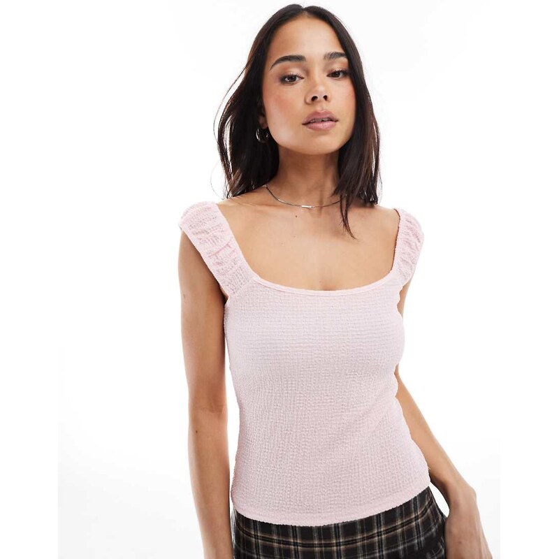 Miss Selfridge textured gathered sleeve top in light pink